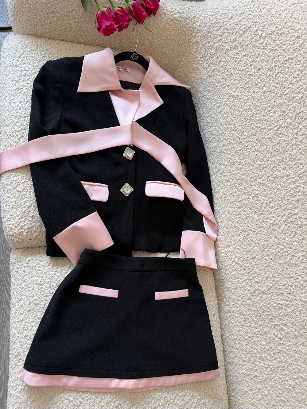 Women's Black and Pink Two-Piece Jacket & Skirt Set